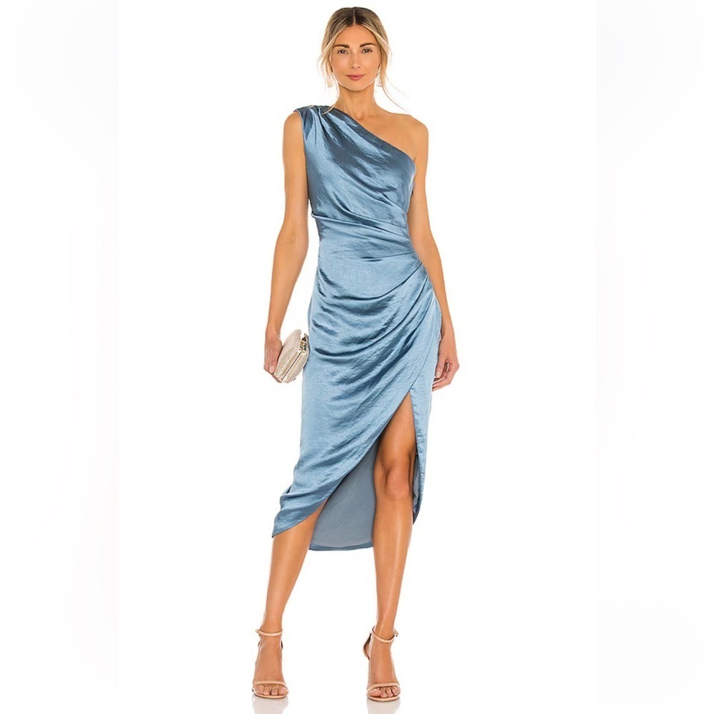 Elliatt Cassini Dress in Blue satin one shoulder draped midi Revolve NWT S